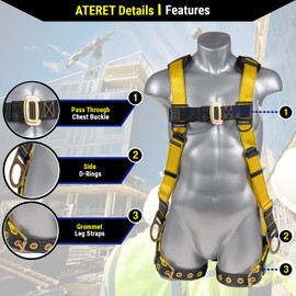 Palmer Safety Fall Protection Safety Harness SLKR Kit I 5pt Full Body Harness, 6' Single Lanyard w/Rebar Hook, 18" D-Ring Extender, Safety Glasses & Kit Bag (Yellow - Universal)