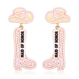 Beaded Cowboy Boot Earring Western Cowgirl Boots Earrings for Women Boho Shoes Dangle Drop Earrings Y2k Jewelry Party Gift (White)