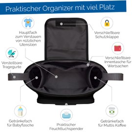 GLÜCKSWOLKE Pram Organiser - 12 Designs I Pram Bag Lockable I Children's Buggy Bag with Wet Wipe Dispenser I Baby Stroller Bag Black I Storage Bag (Pia Penguin I Black)