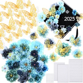 Knitgrip 2025 Graduation Cap Decoration Kit Include Assorted Flowers Heads 3D Butterfly Stickers Glitter Adhesive Pearl Grad Cap Decors for DIY Grad Hat Topper Craft Art Decors Party Supplies(Blue)