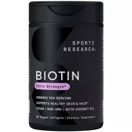 Vegan Biotin 5000mcg+ Coconut Oil Extra Strength Hair Vitamin 30 Veggie Softgels