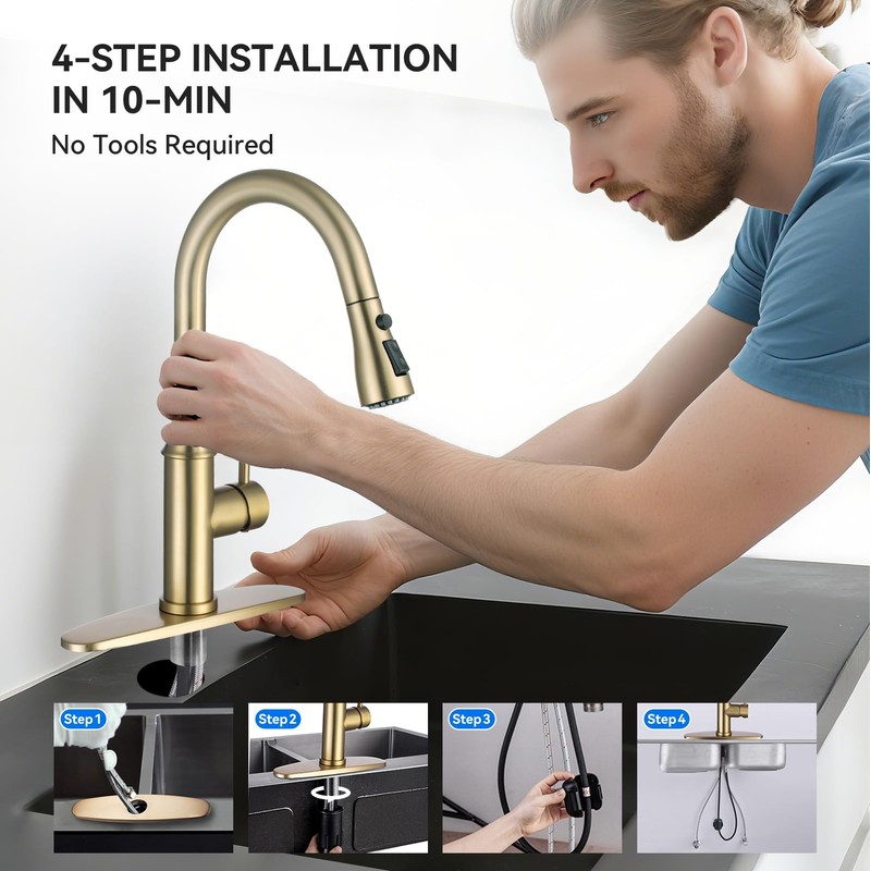 Gold Kitchen Faucet with Sprayer,Single Handle Kitchen Sink Faucet with