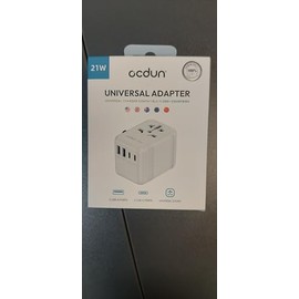 ocdun Universal Travel Adapter, International Plug Adapter with 2 USB-C and 2 USB Ports, Worldwide All-in-One Plug Adaptor for EU, UK, USA, Australia, and More (White, 21W)