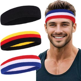 Sweatbands Sports Headbands for Men & Women Terry Cloth Moisture Wicking Sports Towel Headband for Working Out, Tennis, Basketball, Football, Cycling (Black, Black Red Yellow, Red White Blue)
