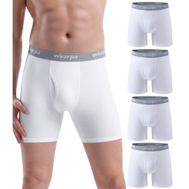 wirarpa Men's Cotton Boxer Briefs Underwear White Open Fly Tag Free Anti-Chafing Comfy Short Leg Underpants 4 Pack Medium