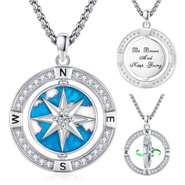 Eusense Compass Necklace 925 Sterling Silver Compass Pendant Chain Gifts for Father's Day Graduation Gift Jewellery for Men Women, Sterling Silver, No Gemstone