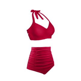 Holipick - Traje de baño de dos piezas para mujer, traje de baño de cintura alta, control de abdomen, traje de baño clásico halter, rojo, (Red Crimson), Large