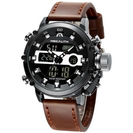 MEGALITH Digital Mens Watches Military: Sports Watches for Men Waterproof - Tactical Heavy Duty Wrist Watch Stopwatch Alarm Brown Leather Strap