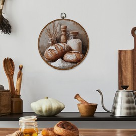 Voxitura Vintage Kitchen Bread Wall Art Round Framed, Farmhouse Wall Decor Canvas Hanging Dining Living Room, Rustic Still Life Retro Paintings Prints Artwork Decorations for Bedroom Dorm 10x10in