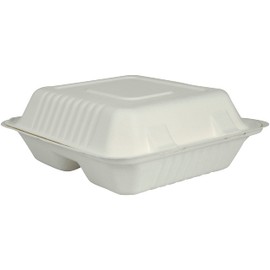 Abena Compostable Bagasse Clam Shell to-Go Containers Hinged Lid, 9"x 8", 3-Compartment - 200 Count