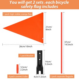 Tatuo 2 Sets Bike Flags with Pole, 6 Feet Height Adjustable Waterproof Orange Safety Flag Sturdy Fiberglass Bicycle Outdoor Cycling Supplies(Orange and Red)