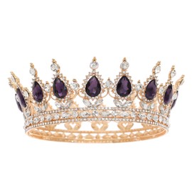 FORSEVEN Queen Crown Rhinestone Wedding Crowns and Tiaras for Women Costume Party Hair Accessories Princess Birthday Crown Crystal Bridal Crown (Gold+Purple)