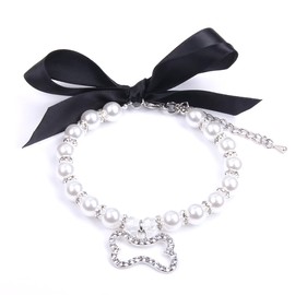 XKSRWE Dog Cat Pearls Necklace Collar with Rhinestones Bone Charm Pendant Pet Puppy Jewelry Accessory (Crystal, Medium)