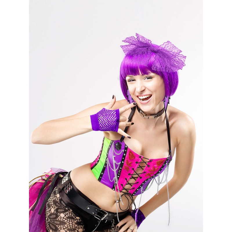 Blulu 80 Years Lace Headband Neon Earrings Fingerless Fishnet Gloves