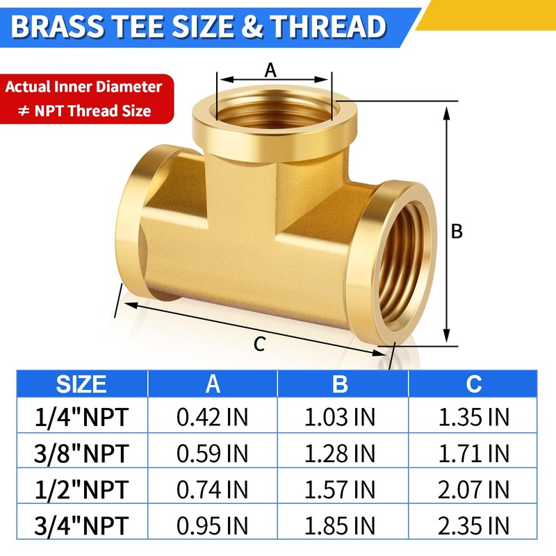 FANOVO 1/2 inch Forged Brass Tee Pipe Fitting, 2Pack 1/2''
