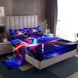 Lightsaber Sheet Set Queen,Galaxy Universe Planet Bedding Set 4pcs for Teens Boys Girls Room Decor,Trippy Star Sky Bed Sheet Watercolor with 1 Fitted Sheet+1 Flat Sheet +2 Pillowcases,Purple