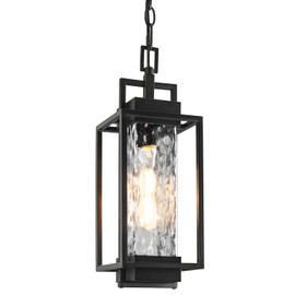 BesLowe 15” Outdoor Pendant Light with LED Bulb, Modern Hanging Lantern Light for Outside with Water Ripple Glass, Black Exterior Pendant Lighting Fixture, Outdoor Chandelier for Front Porch, Gazebo