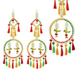 Set of 2 Door Hanging with Artificial Mogra Flower Made Up of Round Frame Wooden Parrot Birds String for Home Wall Temple Door Festival Hanging Indian Traditional Festival Decor (Size: -24 Inches)
