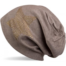 styleBREAKER Warm Beanie hat with Star Rhinestone Application, Unisex 04024023, Colour:Mottled Brown/Yellow Gold