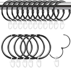 Hengxinchen Pack of 15 50 mm Curtain Rings with 30 Pieces Plastic Curtain Hooks, Curtain Rings Metal, Curtain Hooks for Rings, Curtain Rings, Curtains Rings for Rod Curtains and Curtain Rods (Black)