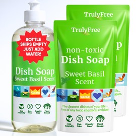 Truly Free Non Toxic Dish Soap | Natural Concentrated Dishwashing Liquid - Sweet Basil Scent | Non Toxic Organic Plant-Based Dish Soap | Family Safe - Eco-Friendly Formula | 16 fl oz