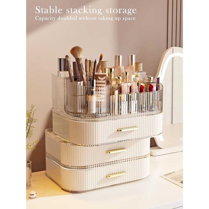 STORICANS 360° Rotating Makeup Organizer with Drawer, Clear Acrylic Cosmetic