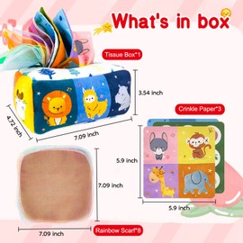 MR.HOKWY Baby Tissue Box Toy- Montessori Tissue Box Toy, Newborn Tissue Box Toy Sensory Toys with Pleated Tissue Paper and Colored Scarf Early Learning Toys for 6-12 Months (Animal)