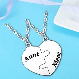 2PCs Heart Necklaces For Women Men Gifts For Mum, Aunt, Niece, Father, Daughter, Son, Sister, Brother, Grandma, Grandad Necklace Jewellery Birthday Anniversary Christmas Gifts (Silver Aunt Niece)