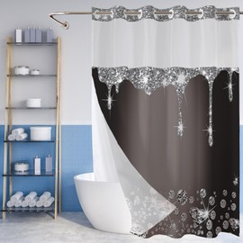 No Hook Glitter Diamond Shower Curtain with Snap in Liner, Black Silver Shiny Drips Bath Curtain with Double Layers Waterproof Fabric and Mesh Top Window, Hotel Style Bling Curtain See Through Top