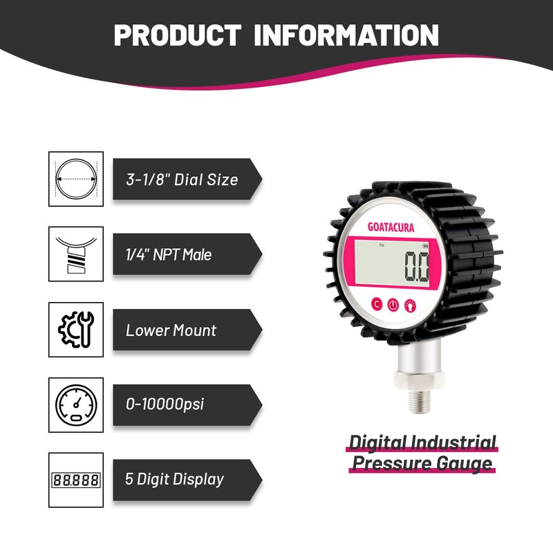 GOATACURA 0-10000psi Digital Industrial Pressure Gauge, 3-1/8" Dial Size, 1/4"