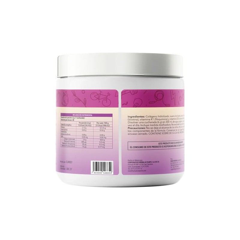 Colágeno con Ácido Hialurónico, Biotina, Vitamina K1 y D3, Envase