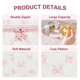 GISMTR Makeup Bag, Quilted Bow Cosmetic Bag, Large Travel Aesthetic Make up Bag, Cute Coquette Toiletry Bag for Women Girls, Bow J