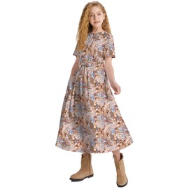 LaBeca Girls Elastic Crew Neck Butterfly Short Sleeve Midi Belted Dress with Pocket Apricot Floral 140Y