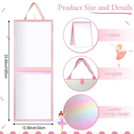 Chunful Foldable Backstage Mirror with Handle Holographic 33.5 X 13.4 Inch Folding Hanging Mirror Rectangular for Travel Dance Bag Home Fitness Spa Gift for Dancers(Pink)