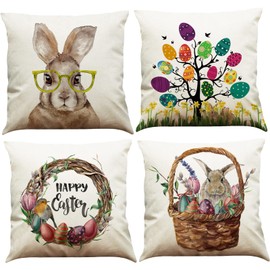 BINXWA Pack of 4 Easter Cushion Covers, Easter Decoration, Modern Cushion Cover, Cotton Linen Easter Eggs, Bunny Cushion Cover, 45 x 45 cm