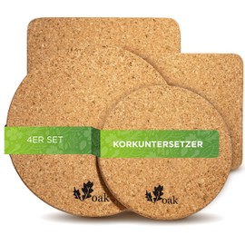 Voak® Trivet Cork Coasters Set of 4 | 2 Round 2 Square Cork Coasters | 100% Natural Cork Made in Portugal | 20 cm and 15 cm | Non-Slip Underlay Place Mat Washable Heat Resistant