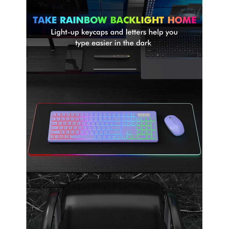 Wireless Keyboard and Mouse Combo, RGB Backlit, Rechargeable & Light
