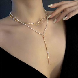 Iaceble Sparkly Layered Pearl Rhinestone Lariat Necklace Long Rhinestone Y Chain Necklace Gold Pearl Beaded Choker Necklacec Tennis Crystal Y Drop Necklace Jewelry for Women