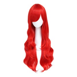 Long Curly Wig with Bangs Synthetic Hair Halloween Cosplay Costume Wig,Red