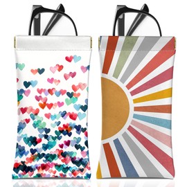 BHAHB 2 PCS Glasses Eyeglass Sunglasses Case Pouch Soft PU Leather Cute Aesthetic with Cleaning Cloth for Women Girls Men-Hearts Rainbow