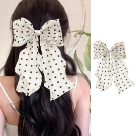 papasgix Hair Bow Clips for Women, Hair Ribbons Big Hair Bow Clips Solid Color Long Silk Ribbon Bow Hair Clip Silk Hair Bows Ribbon for Women Girls (1, White-Dot)