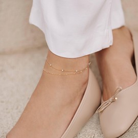 SELSHE Gold Anklets for Women,14k Gold Plated Anklet Set Dainty Ankle Bracelets for Women Waterproof Layered CZ Satellite Anklets Cute Gold Anklets Summer Beach Jewelry for Women
