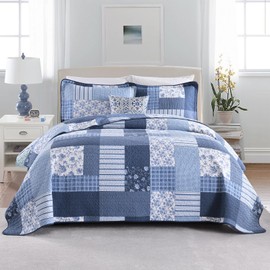 DDUOXIN Plaid Quilt Set - 100% Cotton Farmhouse Queen Quilt with 2 Pillow Shams, Lightweight Comforter Bedspread Soft 3 Piece Bedding Set for All Seasons, Blue/White, Queen