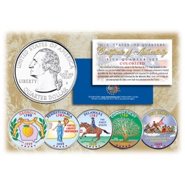 1999 US Statehood Quarters COLORIZED Legal Tender 5-Coin Complete Set w/Capsules