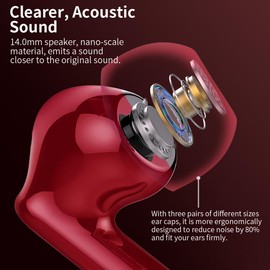 Wireless Earbuds, Bluetooth 5.3 Headphones In Ear with 4 ENC Noise Cancelling Mic, LED Display New Bluetooth Earbuds Mini Deep Bass Stereo Sound, 36H Playtime, Wireless Earphones IP7 Waterproof, Red