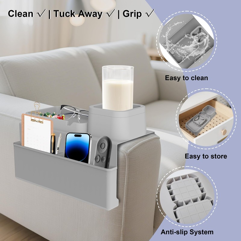 KindGa Couch Cup Holder Tray，Super Large Silicone Sofa Armrest Tray