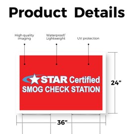 Star Certified Smog Check Station Yard Sign 24 Inch x 36 Inch Single Sided Weatherproof Heavy-Duty Plastic with Stake | Vehicle Maintenance, Reliable Services, Professional Signage | Made in USA