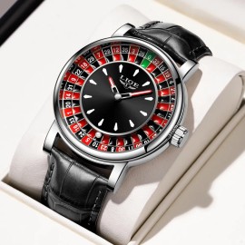 LIGE Reloj De Cuarzo LG89161 Casual Jugadores De Cuero Impermeable Correa Negro Bisel Plateado Fondo Negro