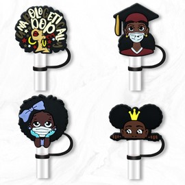 8Pcs Black Girl Straw Cover for Tumbler Cap, Silicone Straw Topper, 10mm Drinking Straw Tip Covers for Accessories (Black Girl)