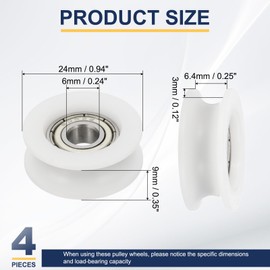 sourcing map U Groove Ball Bearing Roller, 6 x 24 x 9mm Nylon Pulley Guide Wheel Stainless Steel Track Wheel Heavy Duty Replacement for Slide Door Window Mechanical Equipment, White Pack of 4
